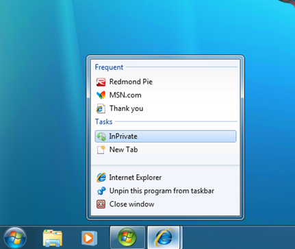 “InPrivate” and “New Tab” gets icons in Jump List for Internet Explorer 8.