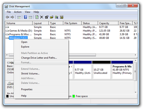 Disk Management tool in Windows 7