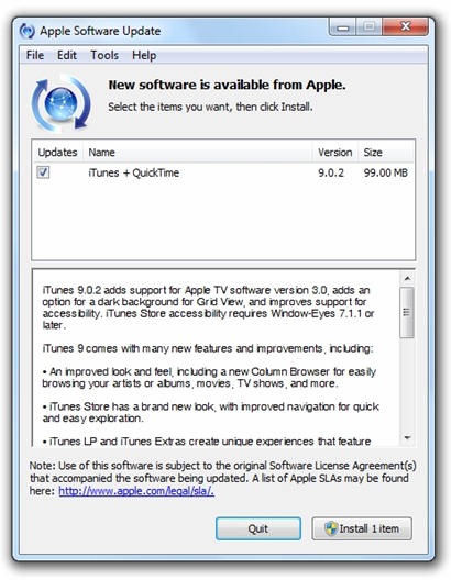 iTunes 9.0.1 on Apple Software Update