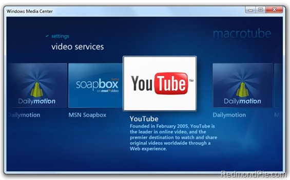 Youtube in Windows 7 Media Center