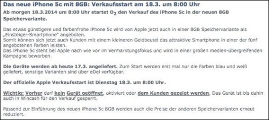 leaked iPhone 5c 8GB document