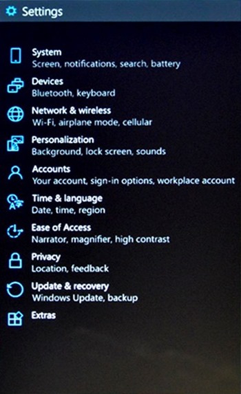 Settings Windows 10 phone